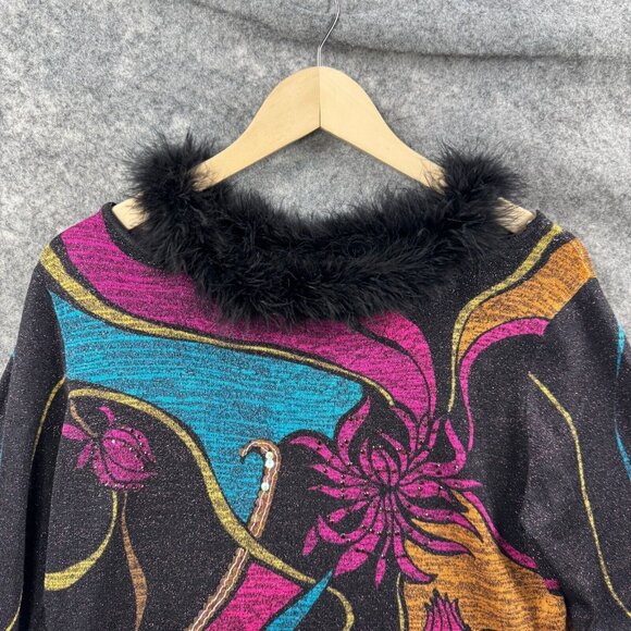 Ruby Cho Top Womens M Silk Blend Fur Collar Metallic Sequin Formal Floral Artsy - Picture 3 of 9